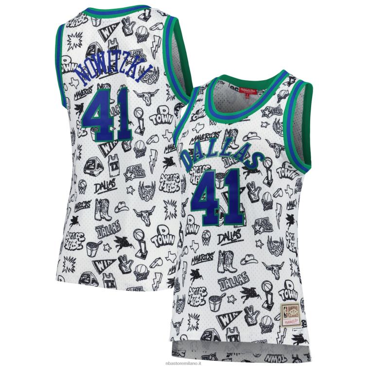 NBA 00F2L10122 dallas mavericks dirk nowitzki mitchell & ness maglia bianca 1998 doodle swingman