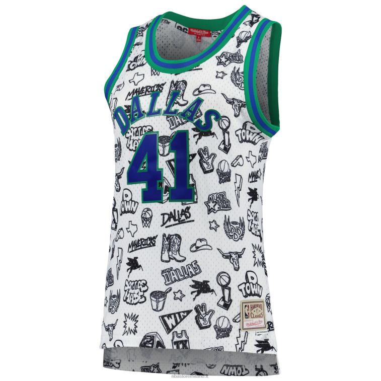 NBA 00F2L10122 dallas mavericks dirk nowitzki mitchell & ness maglia bianca 1998 doodle swingman