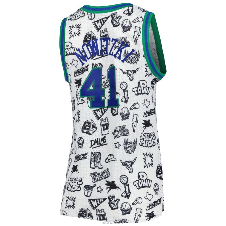 NBA 00F2L10122 dallas mavericks dirk nowitzki mitchell & ness maglia bianca 1998 doodle swingman