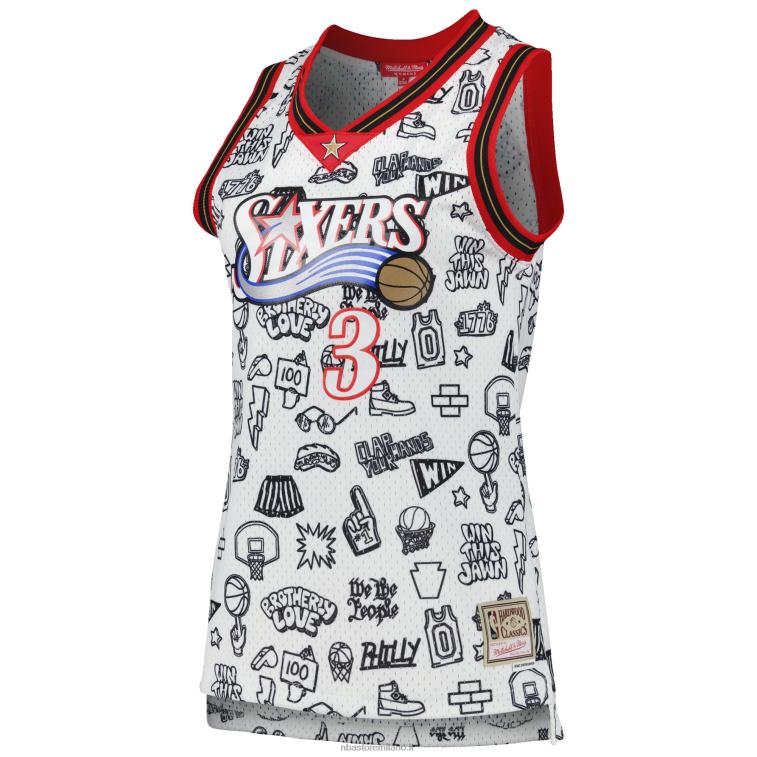 NBA 00F2L9941 philadelphia 76ers allen iverson maglia mitchell & ness bianco 2000 doodle swingman