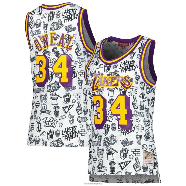 NBA 00F2L9024 los angeles lakers shaquille o'neal mitchell & ness bianco doodle maglia swingman