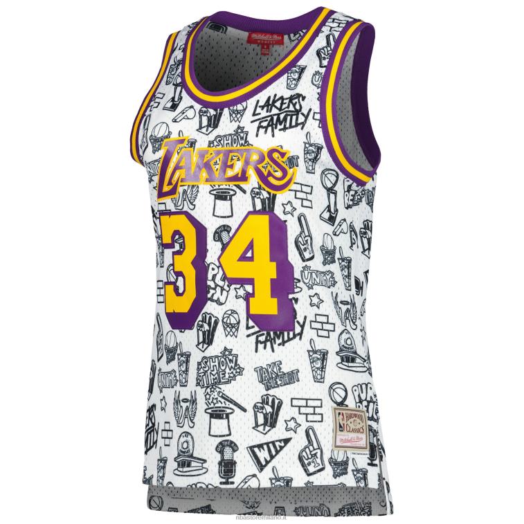 NBA 00F2L9024 los angeles lakers shaquille o\'neal mitchell & ness bianco doodle maglia swingman