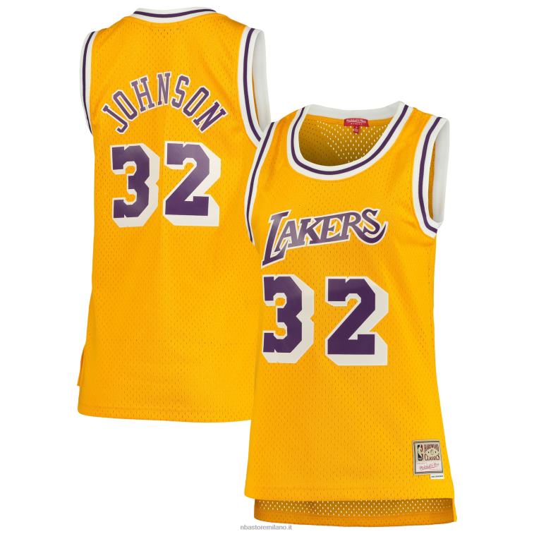 NBA 00F2L9809 los angeles lakers magic johnson mitchell & ness oro 1984-85 hardwood classics maglia swingman