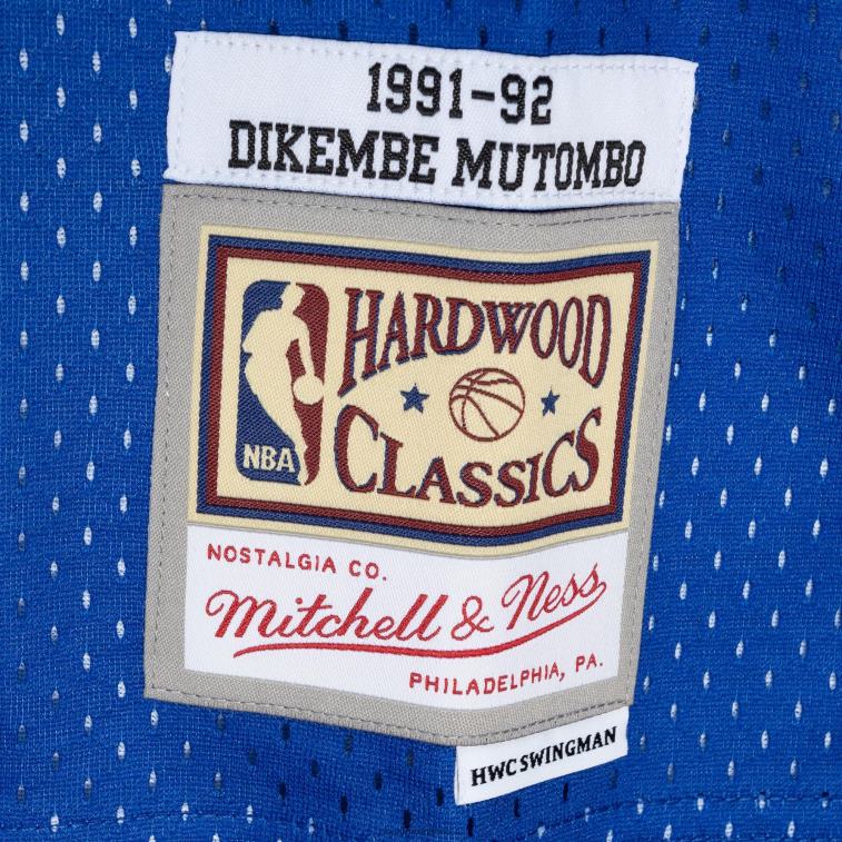 NBA 00F2L235 denver nuggets dikembe mutombo mitchell & ness royal/gold hardwood classics split maglia swingman