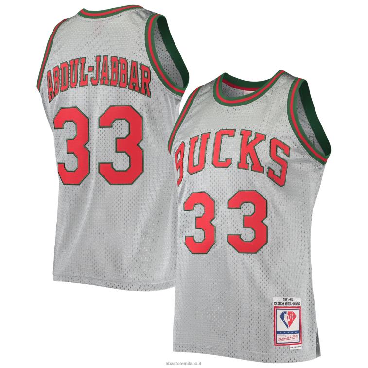 NBA 00F2L2951 milwaukee bucks kareem abdul-jabbar argento 75° anniversario 1971-72 hardwood swingman jersey
