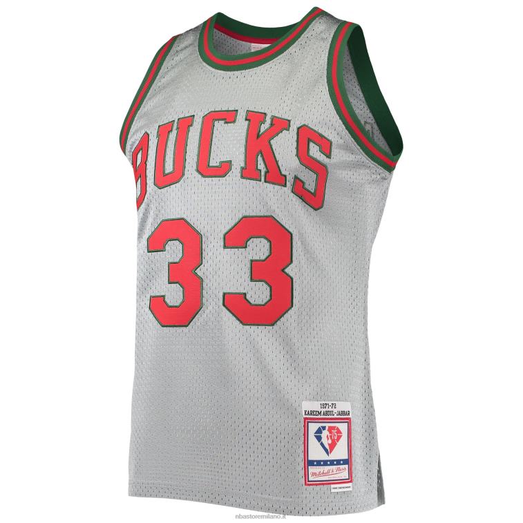 NBA 00F2L2951 milwaukee bucks kareem abdul-jabbar argento 75° anniversario 1971-72 hardwood swingman jersey