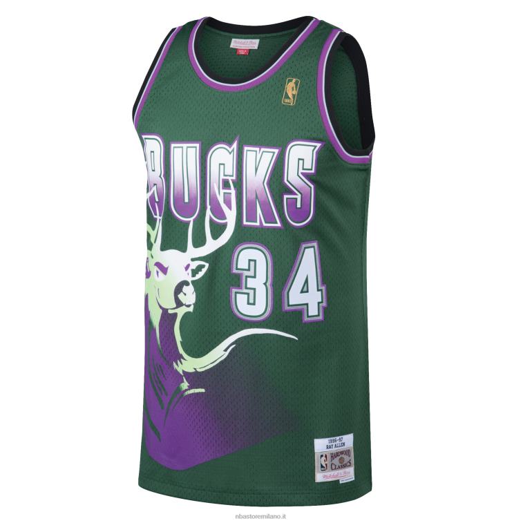 NBA 00F2L296 maglia swingman milwaukee bucks ray allen mitchell & ness kelly green hardwood classics