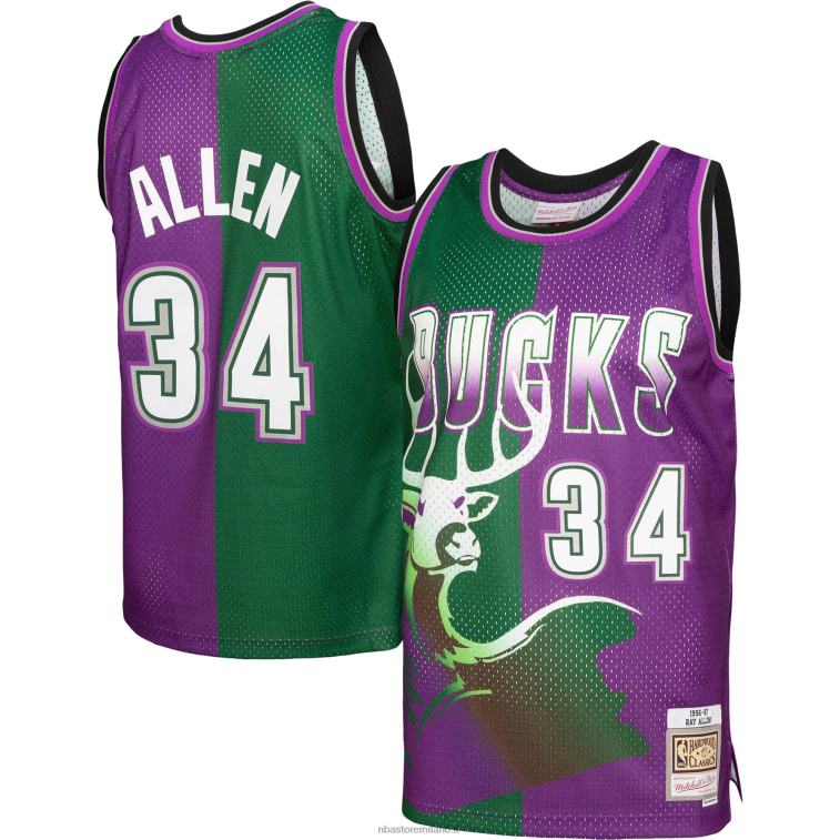 NBA 00F2L7107 maglia swingman milwaukee bucks ray allen mitchell & ness verde/viola hardwood classics split swingman