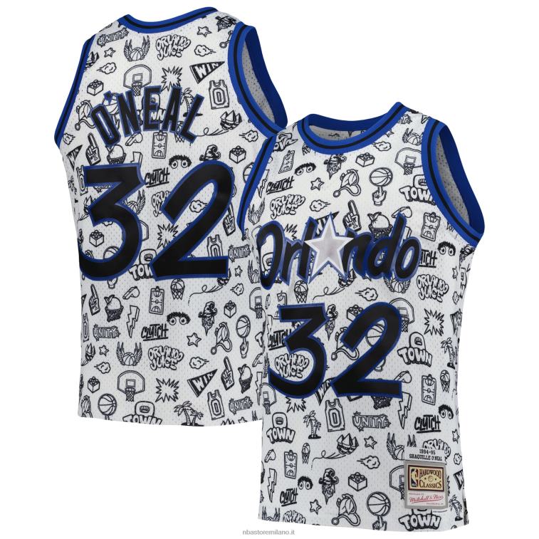 NBA 00F2L5823 orlando magic shaquille o'neal mitchell & ness white hardwood classics doodle maglia giocatore swingman