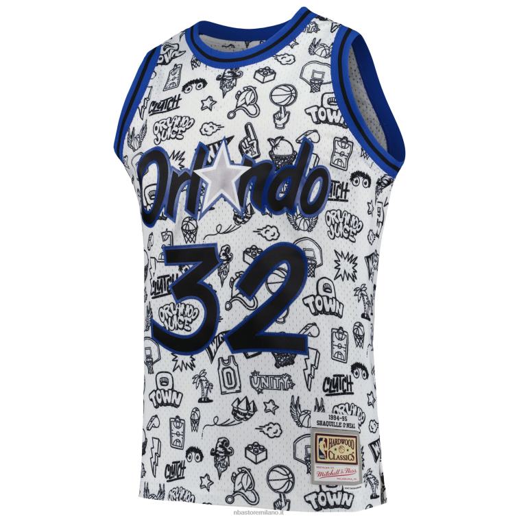 NBA 00F2L5823 orlando magic shaquille o\'neal mitchell & ness white hardwood classics doodle maglia giocatore swingman