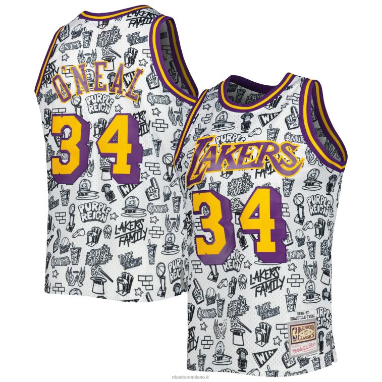 NBA 00F2L1536 los angeles lakers shaquille o'neal mitchell & ness white hardwood classics doodle maglia swingman