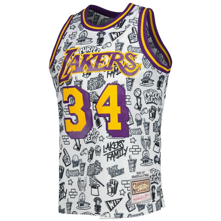 NBA 00F2L1536 los angeles lakers shaquille o\'neal mitchell & ness white hardwood classics doodle maglia swingman
