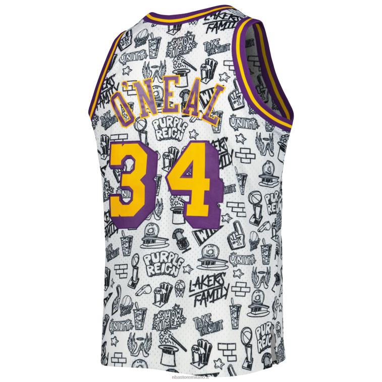 NBA 00F2L1536 los angeles lakers shaquille o\'neal mitchell & ness white hardwood classics doodle maglia swingman