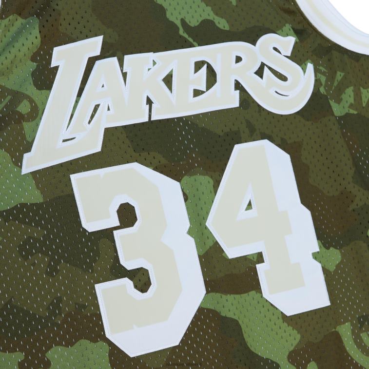 NBA 00F2L5351 los angeles lakers shaquille o\'neal camo hardwood classics maglia swingman verde fantasma