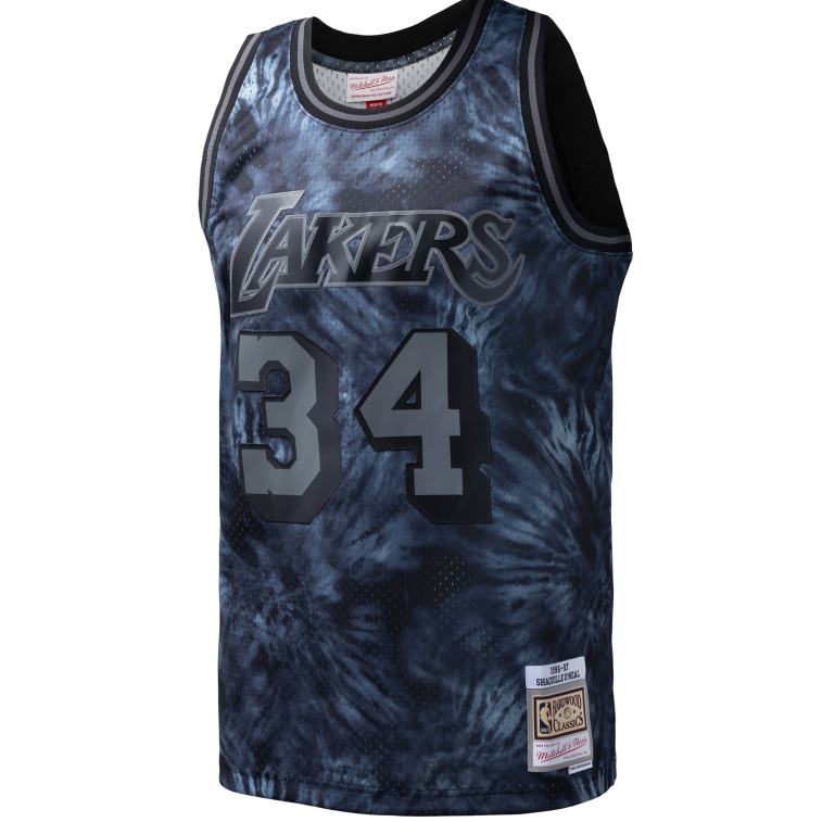 NBA 00F2L7257 los angeles lakers shaquille o\'neal mitchell & ness black hardwood classics maglia swingman tie-dye