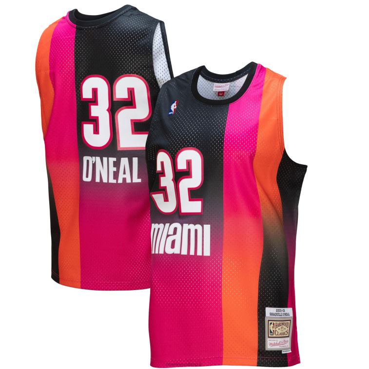 NBA 00F2L7556 miami heat shaquille o'neal rosa/nero hardwood classics fadeaway maglia da giocatore swingman