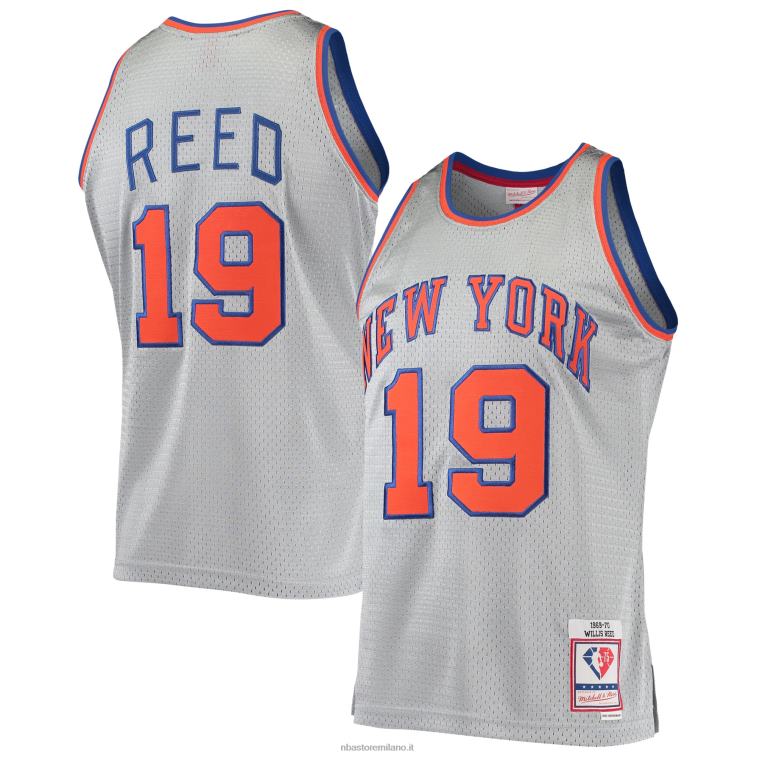 NBA 00F2L2740 New York Knicks Willis Reed Silver 75° Anniversario 1969-70 Hardwood Classics Maglia Swingman