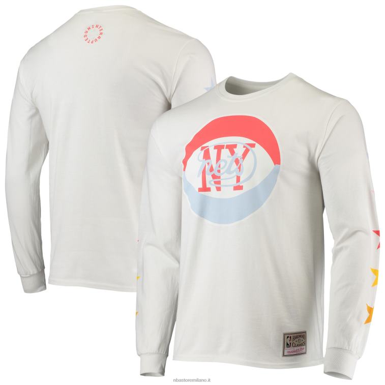 NBA 00F2L1853 New Jersey Nets Mitchell & Ness x T-shirt a maniche lunghe classica bianca in legno duro ininterrotta
