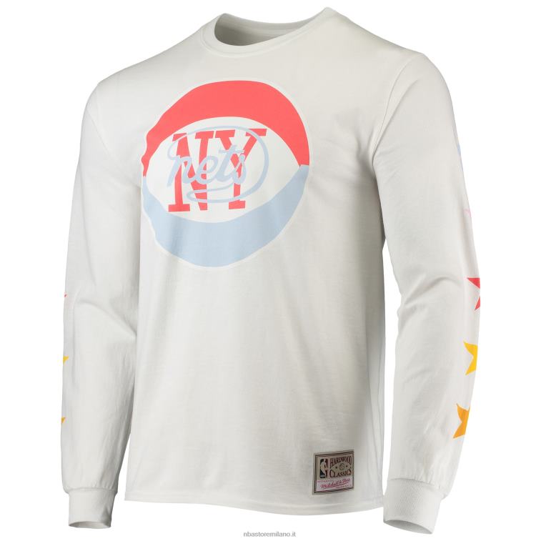 NBA 00F2L1853 New Jersey Nets Mitchell & Ness x T-shirt a maniche lunghe classica bianca in legno duro ininterrotta