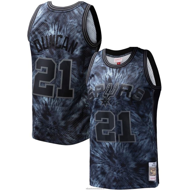 NBA 00F2L7705 san antonio spurs tim duncan mitchell & ness black hardwood classics maglia swingman tie-dye