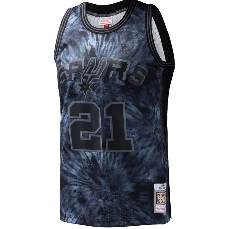 NBA 00F2L7705 san antonio spurs tim duncan mitchell & ness black hardwood classics maglia swingman tie-dye